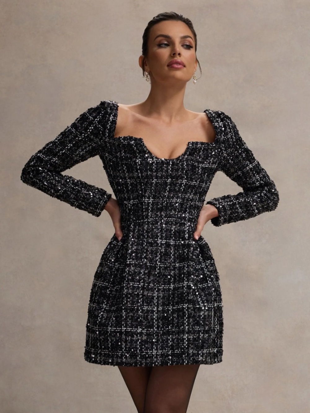 Club L London black and white tweed sequin long-sleeve mini dress size 12